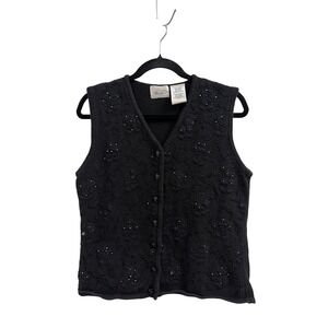 Kathie Lee Vintage Black Knit Floral Beaded Vest Women Large Ramie Cotton Blend